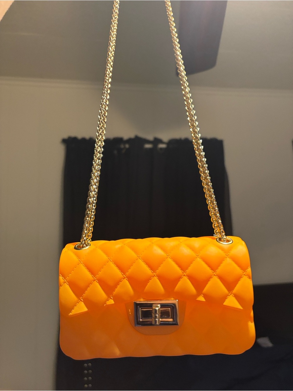 Quilted Chain Shoulder Bag in Bright Orange